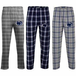 blue and navy plaid flannel pants with Penn State Athletic Logos on left thighs